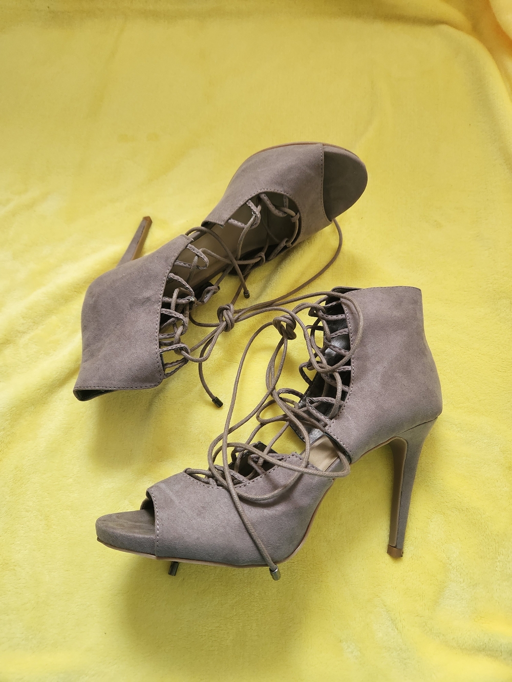 JustFab Taupe Lace-Up Peep Toe Heels 9.5